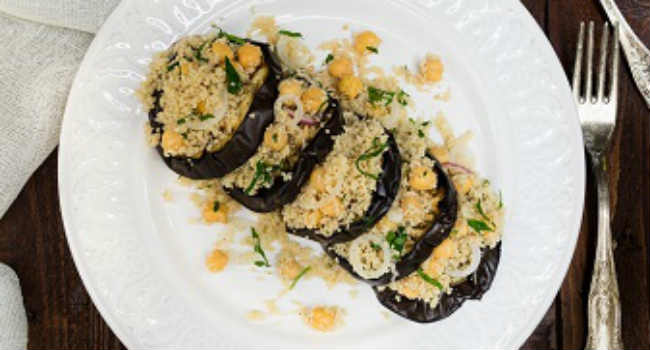 cous cous integrale con ceci e melanzane grigliate