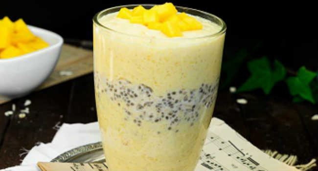 Vegan mango lassi overnight oatmeal parfait