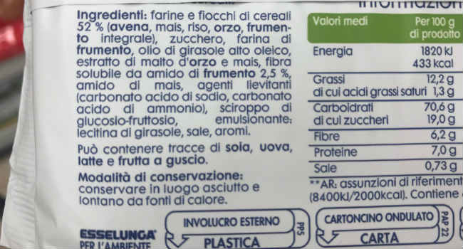 Ingredienti biscotti 5 cereali Esselunga equilibrio