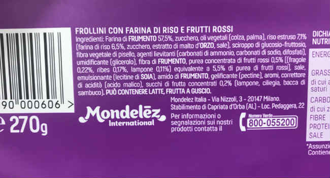 Ingredienti biscotti Vitasnella frutti rossi