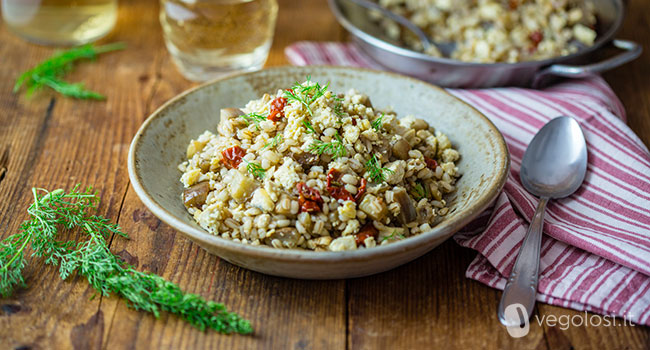 Orzo alle melanzane con tofu, aneto e pomodori secchi