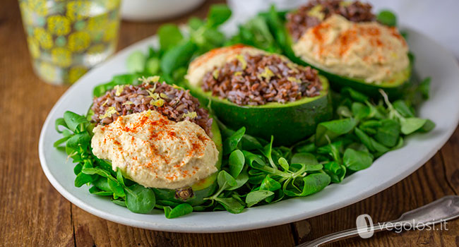 Avocado ripieno di riso rosso al basilico e hummus