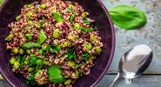 Insalata di quinoa, barbabietole, edamame e spinacini