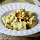 Paccheri con crema di carciofi, seitan croccante e pistacchi