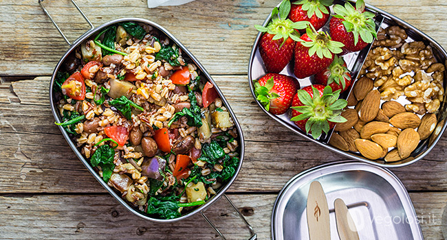 Bento box vegan con insalata di cereali alle melanzane e borlotti