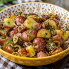 Insalata di patate alle olive, capperi, cipolle rosse e fichi secchi