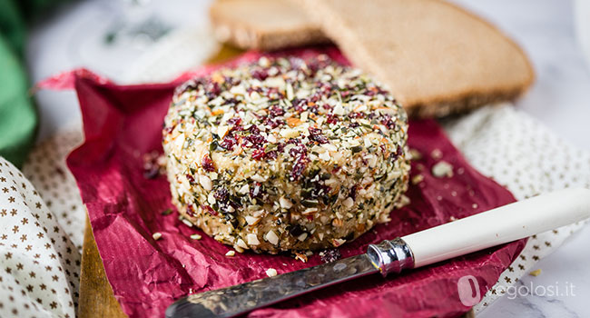 Formaggella vegana di anacardi con erbe e frutti rossi