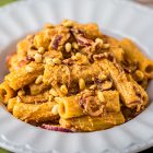 Tortiglioni al pesto di tofu, pomodori secchi e cipolle rosse